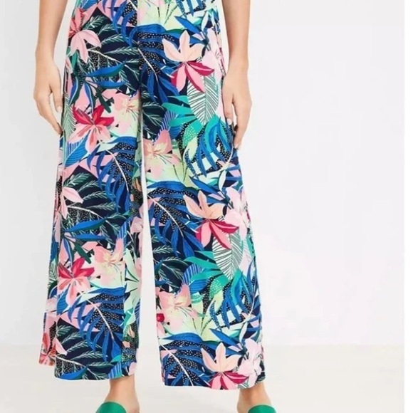 Loft Wide Leg Linen-Blend Tropical Palm Print Pull-On Crop Palazzo Pants, size S - Picture 1 of 8